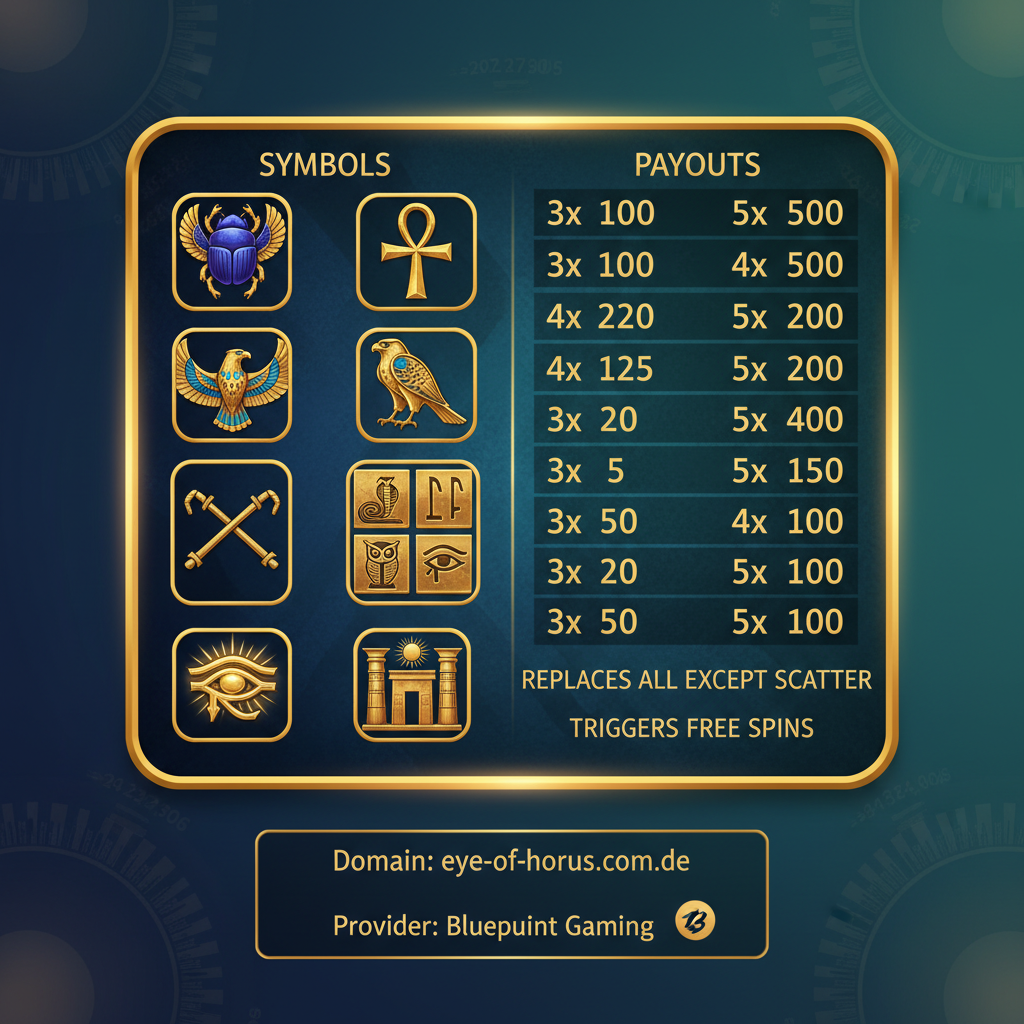 Vollständige Paytable von Eye of Horus mit allen Symbolen und Auszahlungen